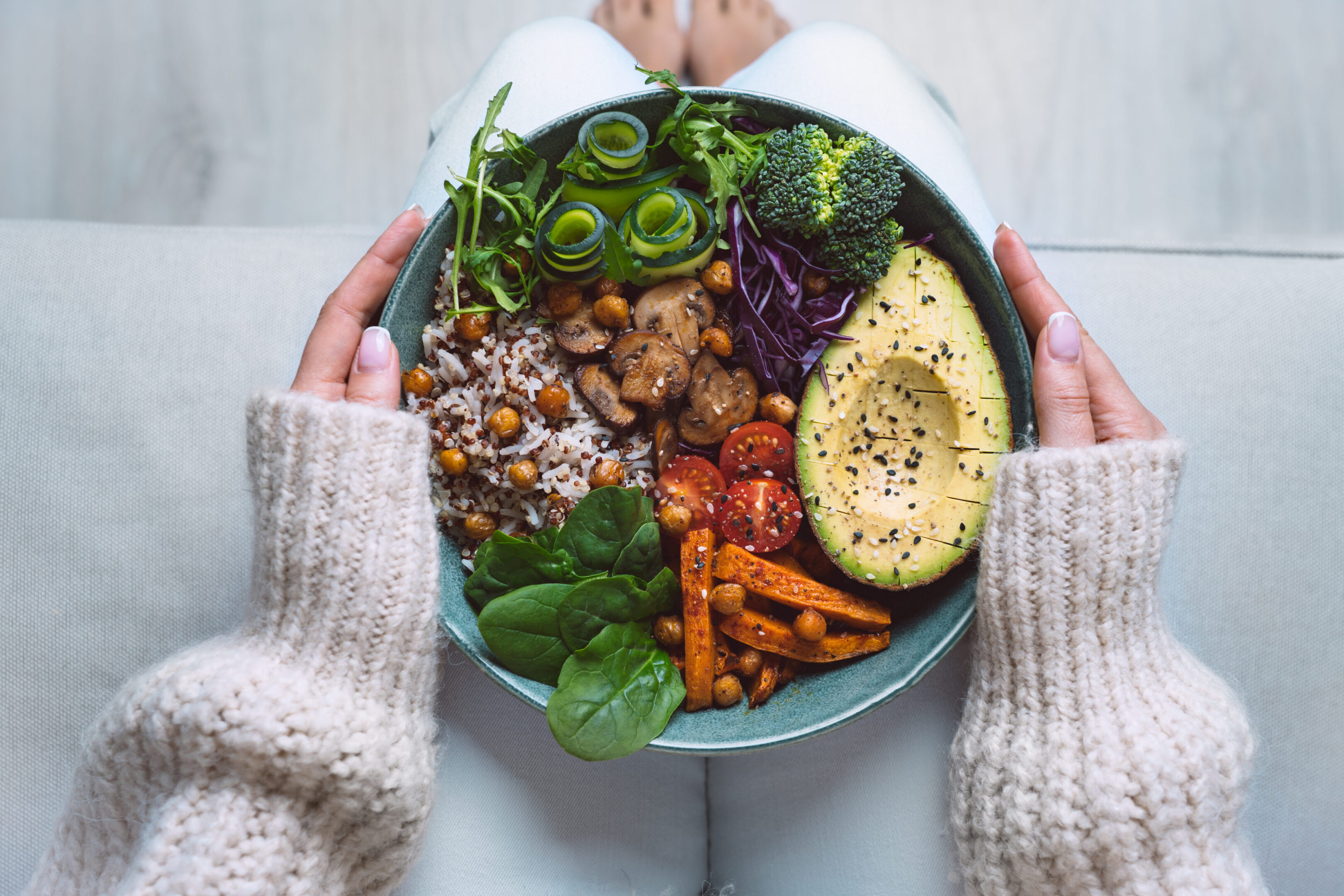 Bowl of colorful vegetables and grains.